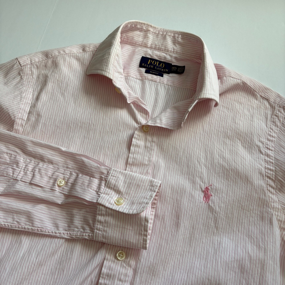 Polo Ralph Lauren Men's 14.5 32/33 Slim Fit Pink Striped Button Down Shirt